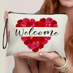 Trousse De Maquillage Imprimé Coeur Rose Lin Pochette Cosmétique Avec Fermeture Éclair Et Dragonne Organisateur De Voyage