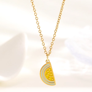 Detail of gold O-chain necklace featuring a yellow and blue enamel watermelon slice pendant