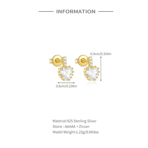 Detailed view of S925 sterling silver heart earrings with dimensions and 925 hallmarks