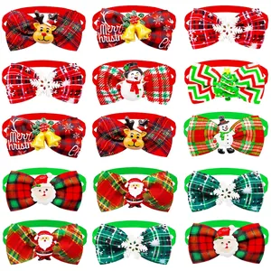 15-piece Christmas pet bowtie set with plaid patterns and festive 3D cartoon ornaments