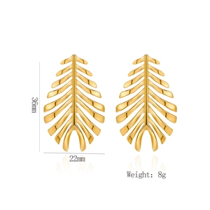 Detailed view of hollow gold leaf earrings with dimensions 36mm by 22mm and 8g weight