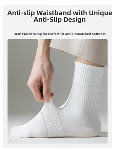 Detail showing high-elasticity ribbed white crew socks with 360-degree anti-slip elastic band