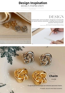 Detail view of twisted metal knot earrings in polished gold and silver finishes