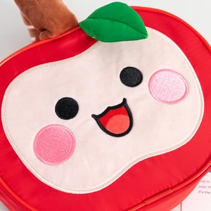 Cute red apple shaped bridesmaid gift bag with cartoon embroidery and green leaf handle