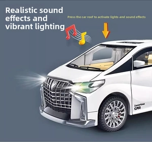 Detailed side view of white toy van with luminous headlights and sound activation features