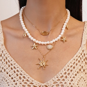 Bohemian Layered Necklace Set For Women With Faux Artificial Pearl Alloy Shell Starfish Pendants Summer Beach Vacation Jewelry