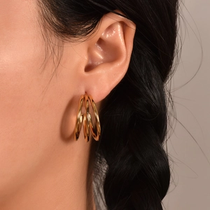Triple layer hollow C-shape gold plated titanium steel hoop earrings for women