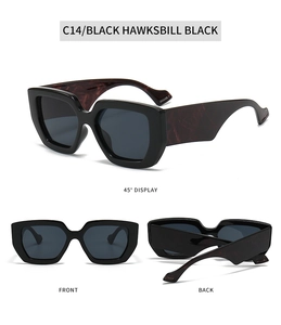 Three-way view of square sunglasses with thick black frames and tortoiseshell temples