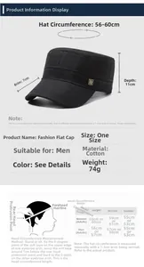 Detailed sizing chart for cotton flat top military cap with dimensions and weight info