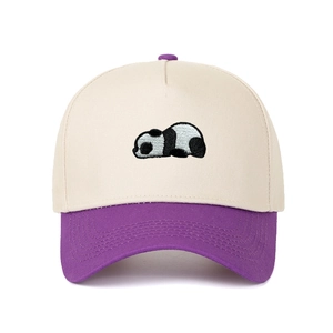 Two-tone retro baseball cap in beige and purple featuring a cute panda embroidery