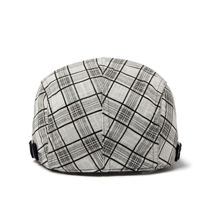 Men's summer plaid flat cap in white and black cotton linen blend shown on plain background