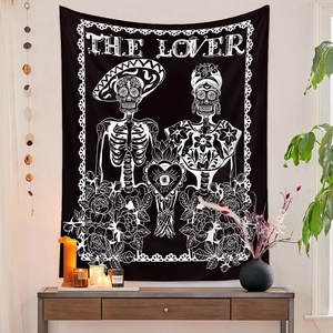 Detail of The Lover skeleton tapestry showing floral patterns and mystical wall decor