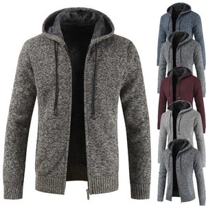 Men's thick hooded knit cardigan with fleece lining and zipper closure in multi-colors