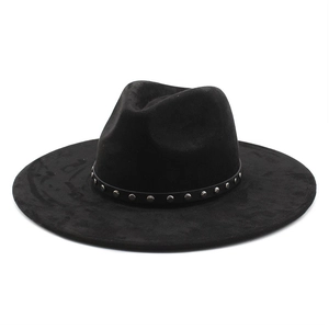 Black wide brim felt fedora hat with silver metal rivet ribbon band on white background