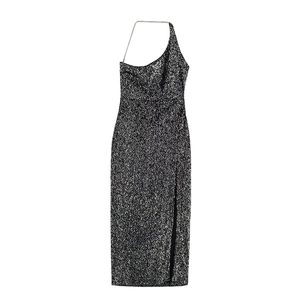 Sequin Evening Party Dress One Shoulder Metal Chain Strap Side Slit Elegant Sleeveless Maxi Bodycon Social Clubwear Women