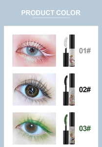 Detail of waterproof mascara wands in white, black, and green shades with curved brush