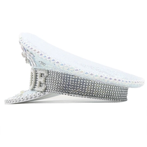 White captain hat with silver sequins, pearls and BRIDE rhinestone lettering for parties