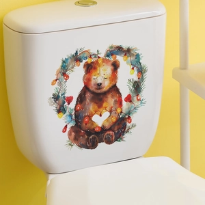 Christmas Bear Heart Toilet Sticker Removable PVC Decal Bathroom Decor Festive Watercolor Style Home Holiday Accessory