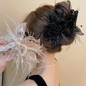 Elegant Hair Claw Clip With Ostrich Feather Faux Artificial Pearl Mesh Lace Flower Handmade Beads For Women Luxury Styling