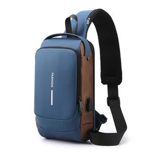 Waterproof men's chest bag in navy blue with USB charging port and fashion lettering