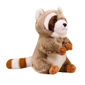 Cute sitting raccoon plush toy with striped tail and brand tag on white background
