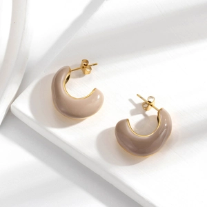 Chic C-shaped enamel earrings in mocha brown and gold stainless steel for women