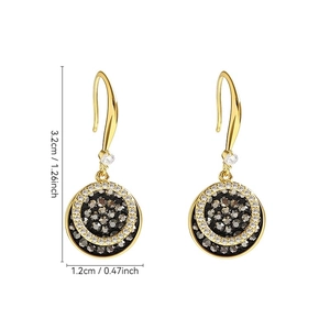 Detailed dimensions of golden disc earrings with black crystals, 3.2cm total length