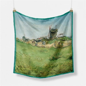 Detailed view of square silk scarf featuring a Van Gogh style oil painting with green edges