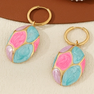 Vintage oval stainless steel earrings with colorful drip oil enamel pendant for women