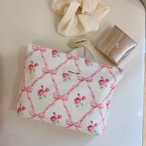 Trousse à maquillage en coton avec motifs de roses roses et rubans pour femmes