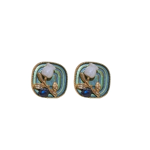 Vintage square tulip flower earrings with green enamel base and blue bead accents