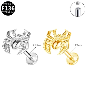 G23 titanium internal thread labret stud spider shape earrings in silver and gold finish