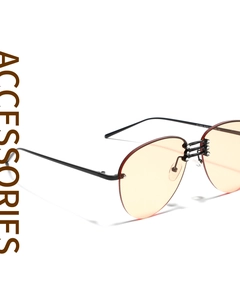 Detail view of semi-rimless aviator sunglasses with triple-bridge metal frame and yellow lens