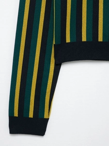 Close-up of vertical striped knit texture showing green and yellow ribbing detail