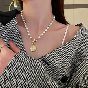 Artificial Baroque Pearl Necklace With Gold Portrait Coin Pendant Alloy OT Toggle Clasp French Vintage Style Elegant Women Choker