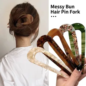 U Shaped Hair Fork Acetate Tortoiseshell Marble Pattern Vintage French Style Hair Stick For Women Bun Updo Tool