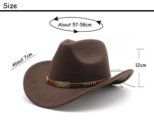 Size chart for brown western jazz hat with 57-58cm circumference and 7cm brim width