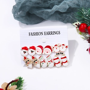 Detailed set of 6 pairs of alloy Christmas stud earrings with Santa and Snowman motifs