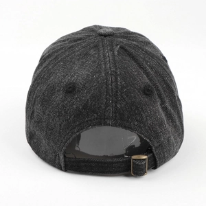 Deep grey denim baseball cap featuring an adjustable fabric strap with bronze buckle