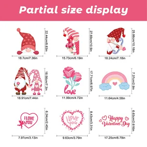 Size chart for Valentine's gnome stickers featuring precise dimensions for each heart decal