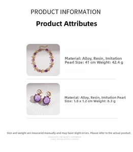 Detail of purple resin and pearl necklace set with size and weight specifications