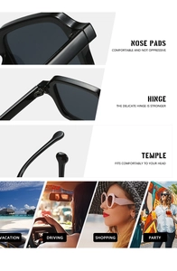 Detalles de gafas con plaquetas, bisagras, patillas y escenas de uso cotidiano