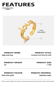 Detailed view of adjustable 18K gold-plated LOVE ring with 1.7cm inner diameter