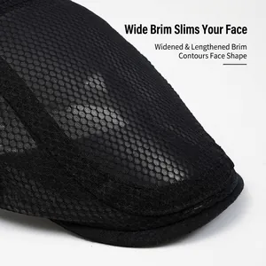 Breathable black mesh flat top newsboy hat with wide brim for sun protection and face slimming