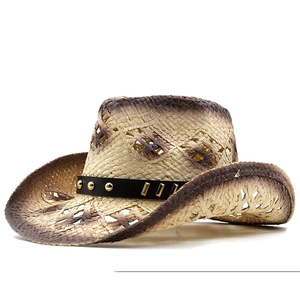 Straw cowboy hat with vintage gradient rim and studded leather band on white background