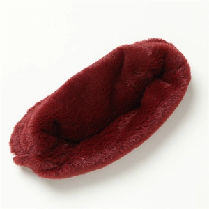 Detailed texture of red faux rabbit fur neck warmer showing soft and fluffy plush fibers