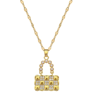 Luxurious gold stainless steel handbag necklace with pearls and sparkling cubic zirconia