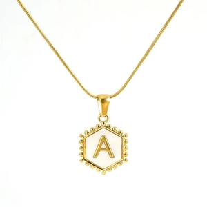 Gold plated hexagon shell necklace with letter A pendant on a sleek snake chain