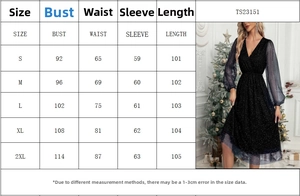 Detailed size chart for elegant V-neck glitter mesh dress with precise measurements