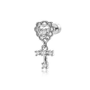 Vintage heart and key cartilage stud earring with cubic zirconia on white background